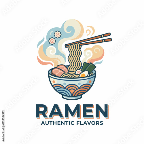 This vibrant illustration features a bowl of ramen topped with eggs, vegetables, and meats, exuding steam and showcasing authentic Japanese flavors and culture.