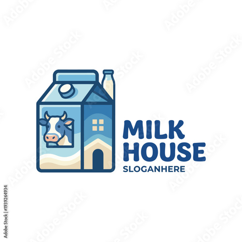 This charming illustration depicts a milk carton featuring a cow's face, symbolizing freshness and quality, ideal for dairy-related products or brands.