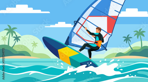 A skilled windsurfer elegantly navigates the waves in a colorful setting, highlighting the thrill of water sports and tropical landscapes, ideal for adventure enthusiasts.