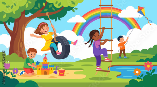 A colorful illustration of children enjoying their playtime outdoors, featuring various activities like swinging, climbing, and playing, promoting joy and childhood energy.