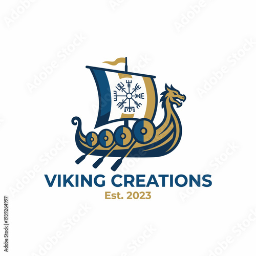 This Viking-themed logo showcases a dragon-headed ship, representing strength and adventure, ideal for businesses centered on creativity and unique craftsmanship.