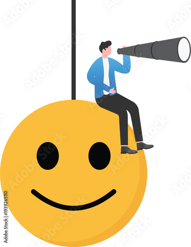 Professional Sitting on Happy Emoji with Telescope