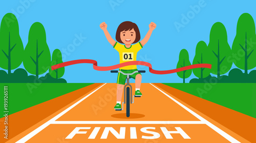 A joyful child crossing the finish line on a bicycle, cheering with excitement, showcasing the spirit of determination and achievement in sports.