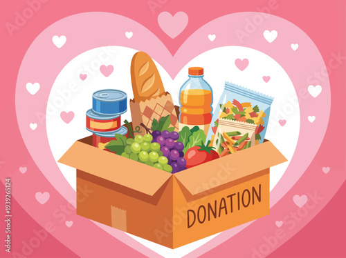 A donation box filled with groceries surrounded by hearts, emphasizing the importance of kindness and charity in supporting those in need.