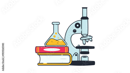 Scientific exploration combining a microscope, beaker, and books for knowledge discovery