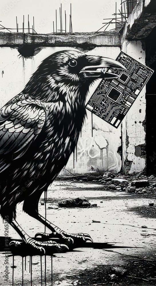 Fototapeta premium Stylized depiction of a dark bird carrying a small electronic component in its beak against an urban ruin backdrop