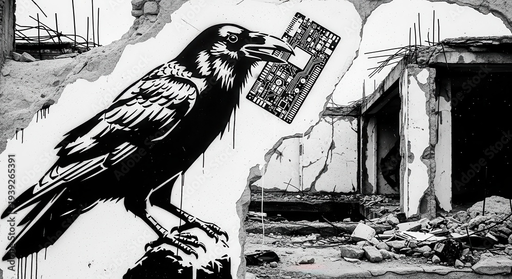 Fototapeta premium Stylized black and white mural depicts a large corvid holding a printed circuit board amidst building wreckage