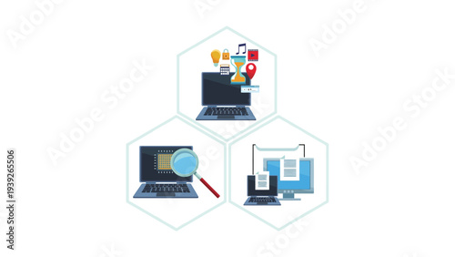 Digital tools and cybersecurity concepts illustrated with technology icons and devices