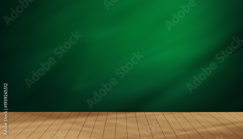 Minimalist Shadow,light on green wall background,wooden floor perspective.Interior studio scene with copy space,Natural texture,soft sunlight for product display,Presentation modern mockup background