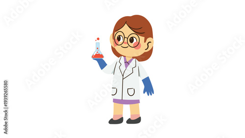 A cartoon scientist conducting an experiment with a test tube and lab coat