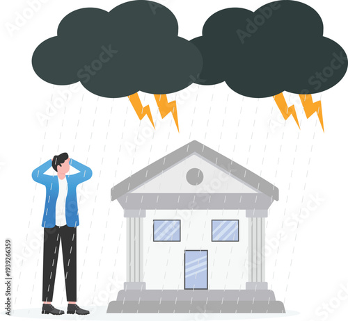 Businessman Facing Banking Crisis under Storm Cloud