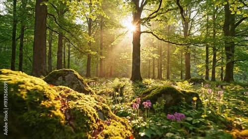 Tranquil forest clearing bathed in dappled sunlight filtering through towering trees