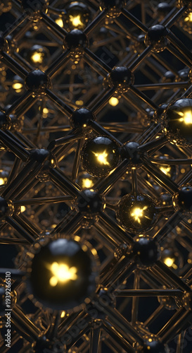 Intricate geometric lattice structure with glowing orbs and metallic connections creating a futuristic abstract background for science and technology concepts