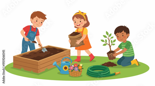 Three children engaged in gardening activities, happily planting seedlings, showcasing teamwork, joy, and the beauty of nature in a vibrant community setting.