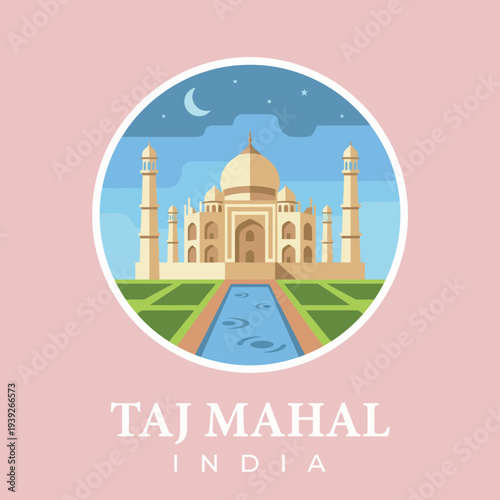 Stylized illustration of the Taj Mahal in India, showcasing its majestic dome and intricate spires under a serene sky, perfect for representing cultural heritage and architecture.