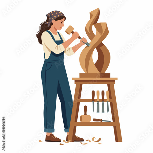 A talented woman sculptor at work, skillfully carving wood to create an elegant art piece, symbolizing creativity, dedication, and the beauty of craftsmanship.