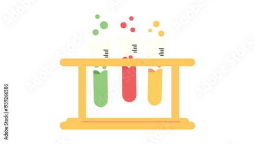 Scientific test tubes containing different colored liquids in a rack with floating droplets