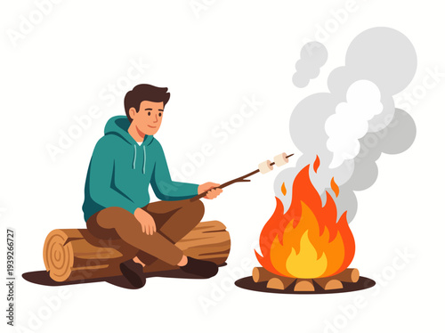A joyful graphic of a young man roasting marshmallows over a campfire, embodying the spirit of camping and the warmth of gathering around a fire with friends.