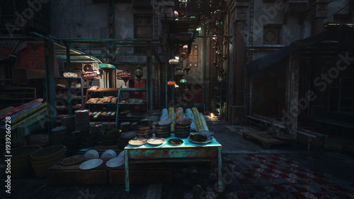 Obraz na plátně dimly lit night market stall amid narrow cobblestone alley, wooden table piled w