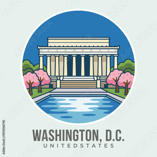 A vibrant illustration showcasing the Lincoln Memorial surrounded by cherry blossoms, symbolizing the beauty and historic significance of Washington, D.C. This design emphasizes peace and reflection.