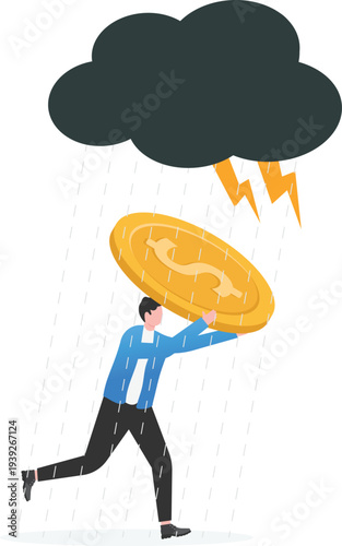 Businessman Carrying Gold Coin under Storm Cloud
