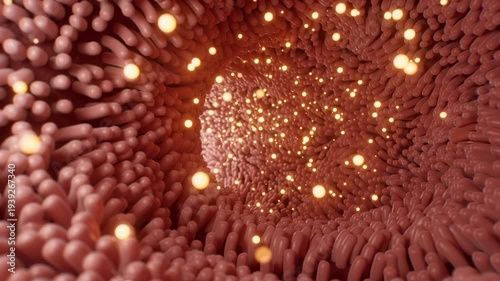Fleshy intestinal canal lined with soft villi, 3d rendering.