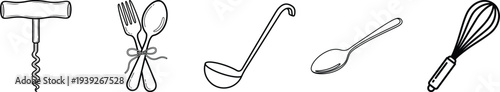 Black and white line drawing of various kitchen utensils on white background