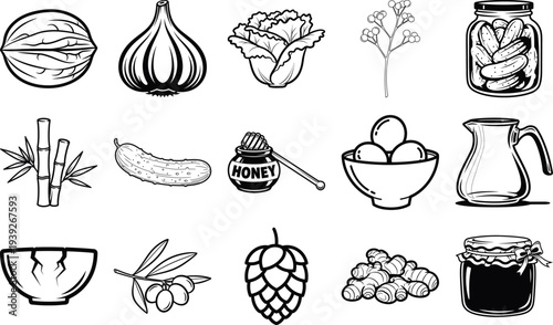 Black and white line drawings of various fast food items on white background
