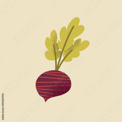 Vector Illustration of a Fresh Whole Red Beetroot with Green Leaves in a Flat Graphic Style Featuring Stipple Grainy Texture for Healthy Food, Farming, and Organic Vegetable Design Concepts