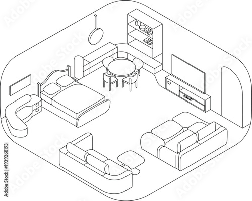 Flat vector isometric room, bedroom, living room, dining area, modern interior
