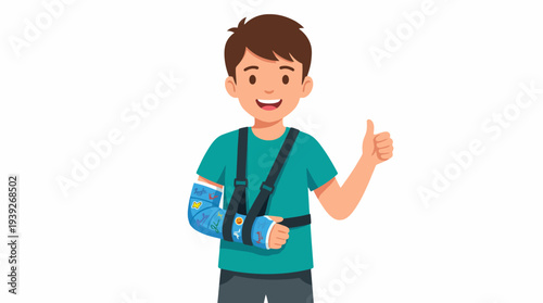 A cheerful boy sporting a colorful cast on his arm gives a thumbs up sign, embodying resilience and positivity despite his temporary setback from injury.