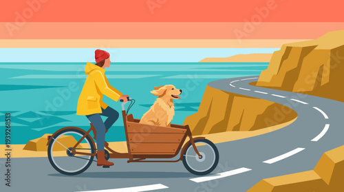 A cyclist enjoys a scenic ride along the coast with a golden retriever happily resting in the bike's cargo, reflecting joy and the bond between pets and their owners.
