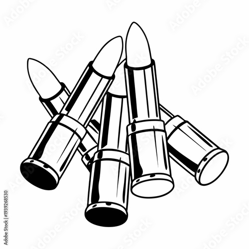 Set of brass ammunition bullets and cartridges arranged together isolated on a white background representing military weapon rifle and pistol rounds
