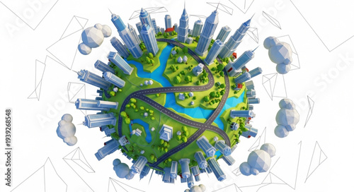 Artistic depiction of a vibrant and thriving planet with skyscrapers and nature.