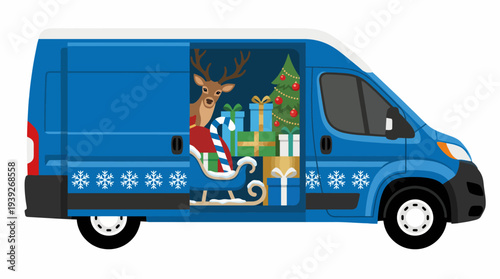 This colorful image of a delivery van open to reveal holiday decorations and gifts symbolizes joy, celebration, and the spirit of giving during the festive season.