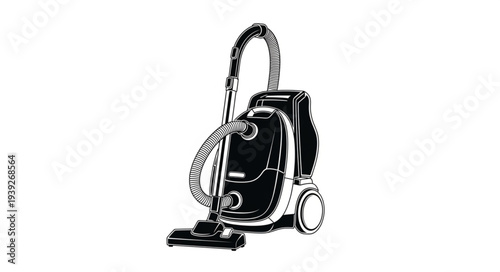 Black and white image of a vacuum cleaner, ready for cleaning tasks.