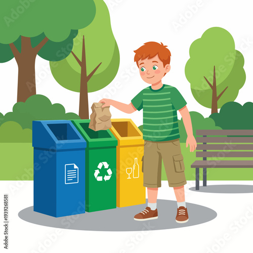 A young boy actively participating in recycling by disposing of waste in appropriate bins, illustrating the importance of environmental awareness and responsible habits from a young age.