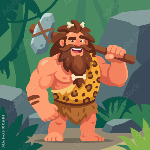 A cartoon caveman character is shown holding a club, set against a lush green background, representing strength and the primal connection to nature and adventure.