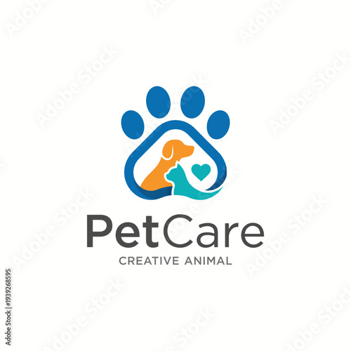 This logo showcases a stylish paw print integrating a dog and cat silhouette, representing care and compassion for pets, perfect for a pet care business or service.