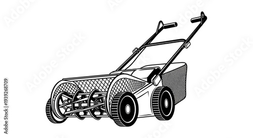 Detailed illustration of a push reel lawn mower, perfect for gardening and lawn care.