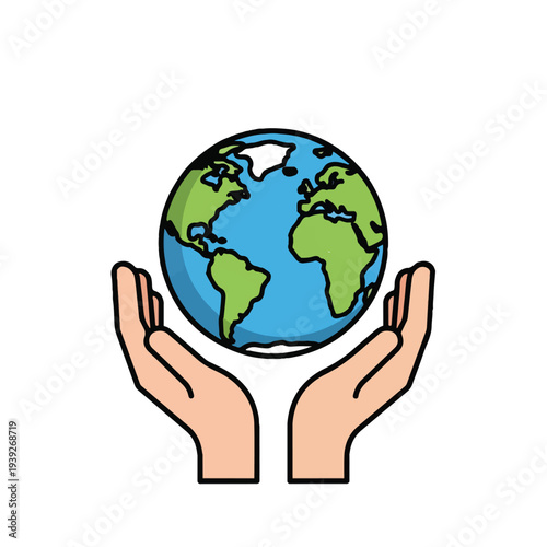 Hands holding a vibrant blue and green Earth globe, symbolizing global care, environmental protection, and world peace vector illustration