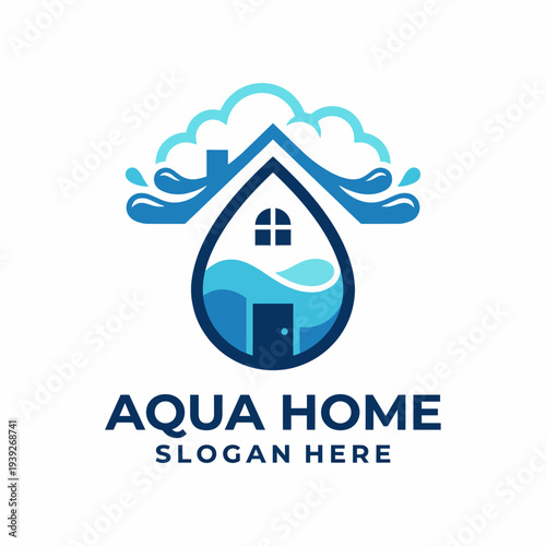This logo features a home design with a water droplet and waves, representing a commitment to water solutions and services in a modern and friendly manner.