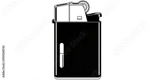 Black lighter with a rectangular shape and a visible fuel indicator, ready to ignite.