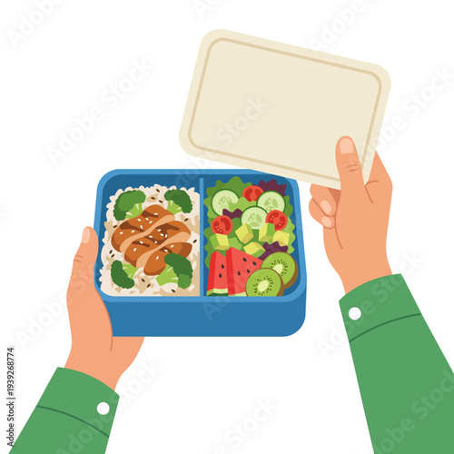 An overhead view of a lunchbox filled with healthy food, including grilled chicken and fresh vegetables, representing nutritious choices and a balanced diet for modern lifestyles.