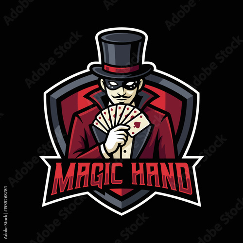 A captivating logo of a magician displaying playing cards, infused with a stylish cartoon design, representing magic and entertainment, ideal for branding in events or gaming.