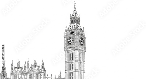 Detailed black and white sketch of the iconic Big Ben clock tower in London.