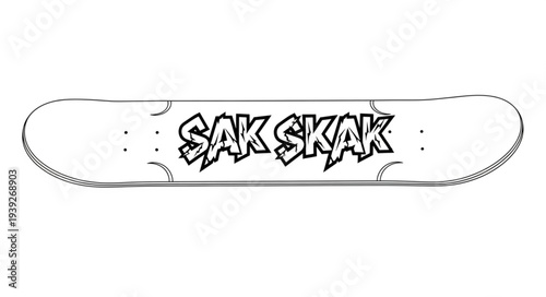 Skateboard with SAK SKAK graffiti art on white background, urban culture.