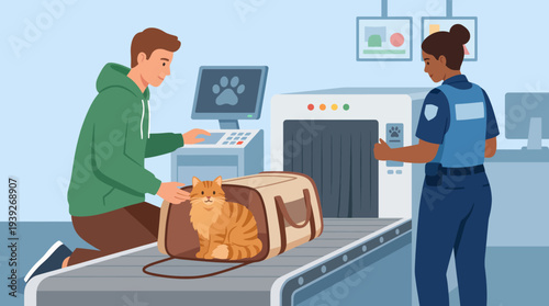 A light-hearted scene showing a cat inside a carrier during an airport security check, highlighting the interaction between travelers and airport staff.