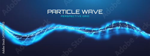 Network AI particle with blue 3D wave and sound tech for data light flow. Neural computer metaverse with artificial graphic particles for education and wavy virtual grids.