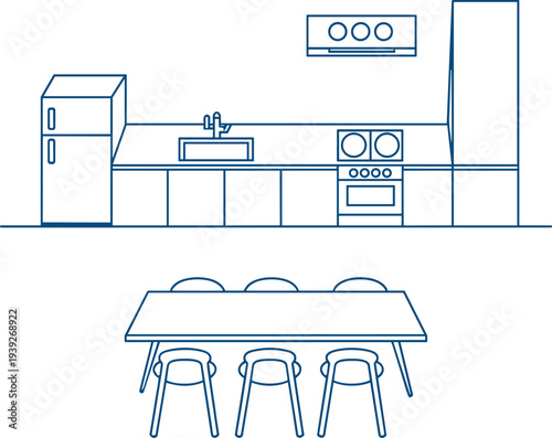 Flat vector kitchen, dining room, refrigerator, sink, stove, modern furniture layout